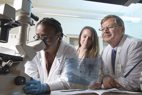 Pictured from left to right working in CaroGen's UConn incubator lab are Marie Krady, PhD, Senior Research Scientist, Lorraine Apuzzo, PhD Student at UConn and Bijan Almassian, Ph.D. and CEO of CaroGen.